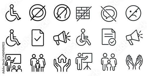 Accessibility and inclusion icons set – outline, linear, assistive and universal symbols