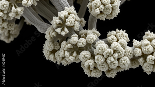 Electron microscope view of Aspergillus flavus spores,
ultra-detailed spore chain morphology,
sharp hexagonal patterns on conidiophores,
pure black background,
scientific microbiology reference .