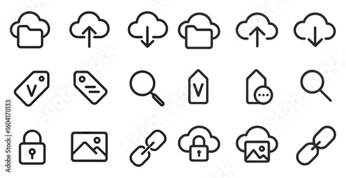 Cloud computing line icons set – outline, linear, cloud storage and backup symbols