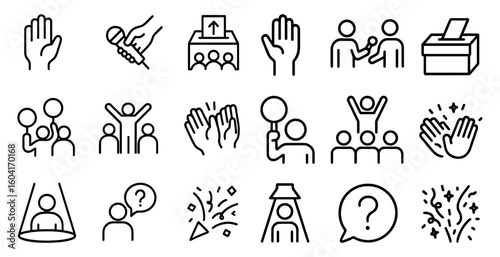Voting and democracy outline icons set – elections, civic responsibility, civic engagement