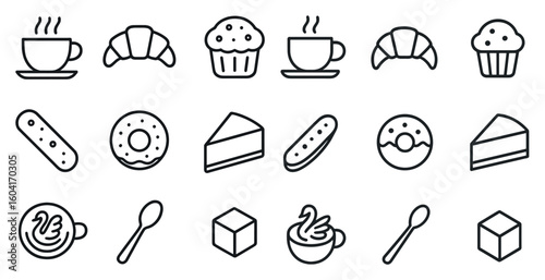 Bakery delight icons set – outline, line, pastry and dessert symbols