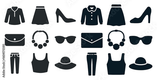 Fashion and style icons set – silhouette, solid, clothing and accessories symbols