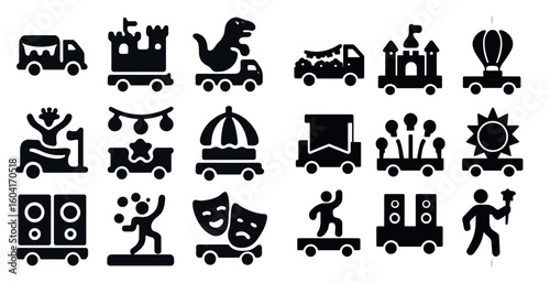 Parade and carnival silhouette icons set – festival, celebration, event symbols