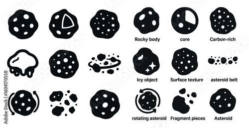 Astronomy and outer space silhouette icons set – celestial, asteroid, cosmic symbols