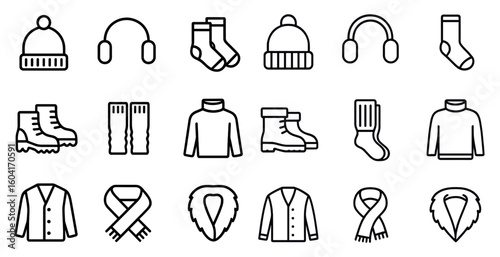 Winter clothing outline icons set – linear, cold weather, warm apparel graphics