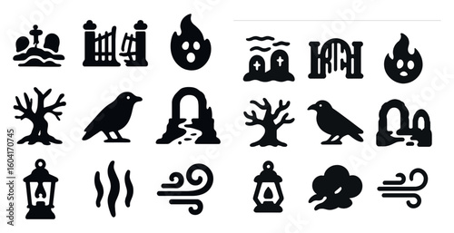Halloween silhouette icons set – spooky, eerie, ghostly symbols for web and print