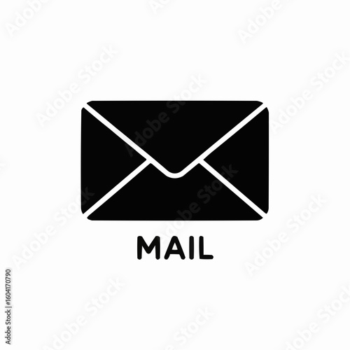 Simple black mail envelope icon with the word "MAIL" underneath, representing email, messaging, postal services, communication, and digital correspondence, ideal for logos and app design.


