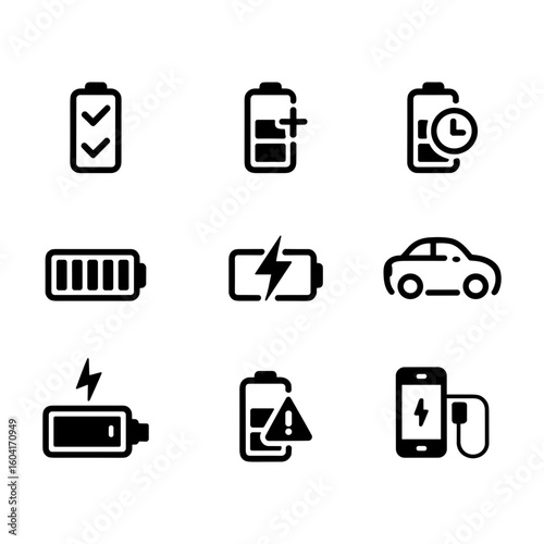 Battery Icons Set Charging Full Low and Electric Car Symbols
