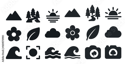 Nature and landscape icons set – silhouette, solid, outdoor and scenic symbols