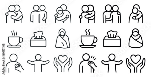 Emotional support line icons set – silhouette, flat, empathy and care symbols