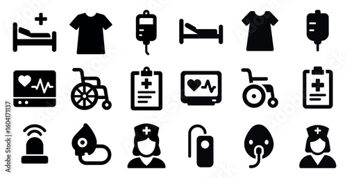 Healthcare solid icons set – flat, medical, and wellness symbols for clinics