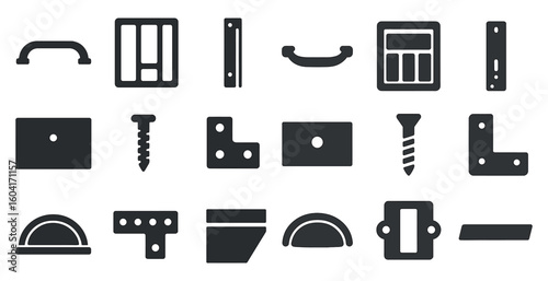 Furniture hardware solid icons set – door, screw, hinge and handle symbols