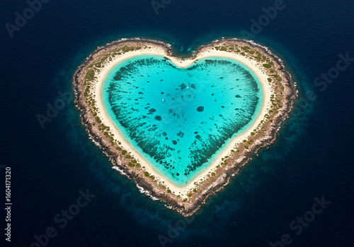 Discover paradise on this stunning heart-shaped island, a breathtaking aerial view of turquoise waters, pristine beaches, and vibrant coral reefs perfect for romantic getaways and travel inspiration.