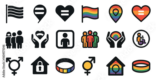 Lgbtq pride icons set – flat, filled, equality and diversity symbols