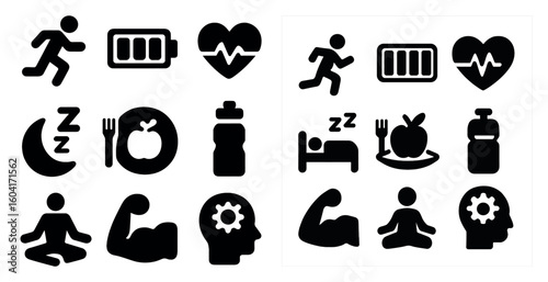 Fitness and health silhouette icons set – workout, wellness, exercise symbols