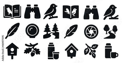 Birdwatching silhouette icons set – filled, solid, nature and wildlife symbols