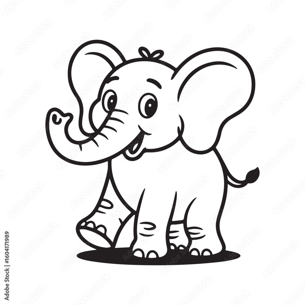 Naklejka premium Charming Cartoon Elephant Illustration Depicting Playfulness and Joy, Perfect for Children's Content and Educational Materials with its Black and White Simplicity