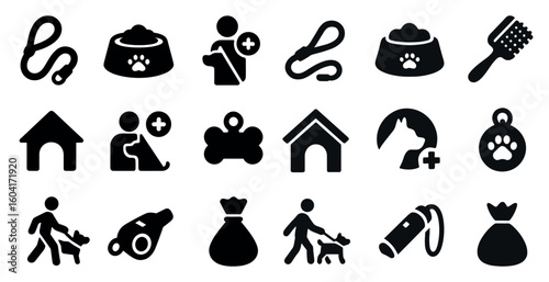 Pet care solid icons set – silhouette, filled, animal and grooming symbols