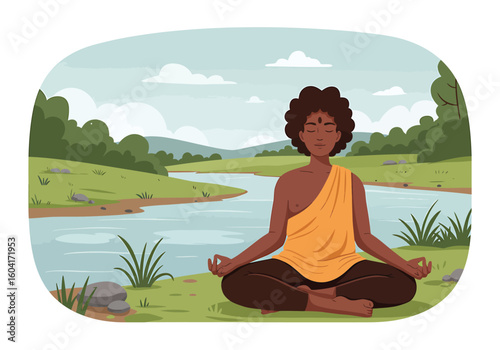 A woman with dark skin and curly hair meditates in a lotus position by a river in a serene, green landscape under a cloudy sky.
