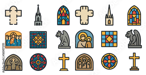Religious and church icons set – flat, filled, worship and faith symbols