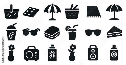 Summer picnic solid icons set – silhouette, filled, outdoor and leisure symbols