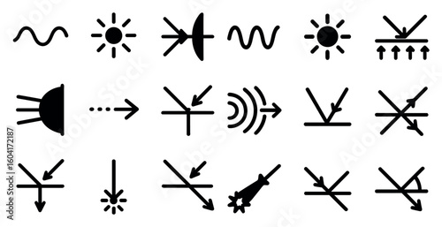 Physics and optics line icons set – outline, wave, light and science symbols