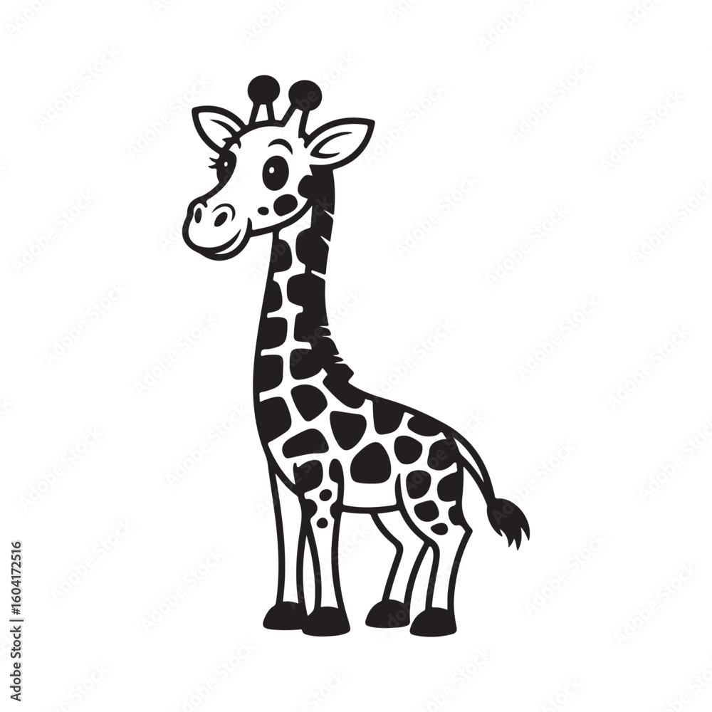Fototapeta premium Charming Cartoon Giraffe Standing Tall with a Playful Expression in Black and White Silhouette Style Perfect for Children's Designs
