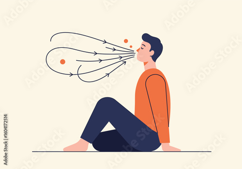 A seated man exhales, with visible breath represented by lines and particles emanating from his mouth.