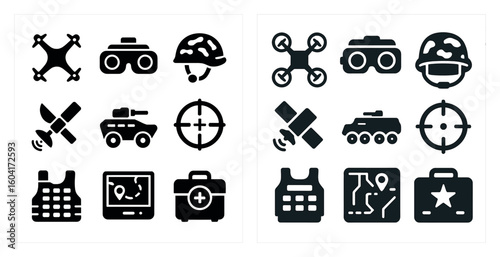 Military and surveillance solid icons set – filled, tactical, army and defense tools