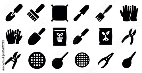 Gardening tools silhouette icons set – filled, outline, horticulture symbols collection