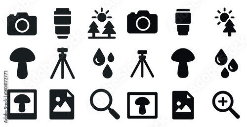 Photography solid icons set – camera, lens, outdoor and nature symbols