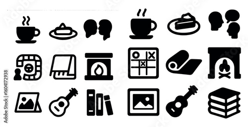 Café and leisure icons set – solid, filled, coffee shop, and relaxation symbols
