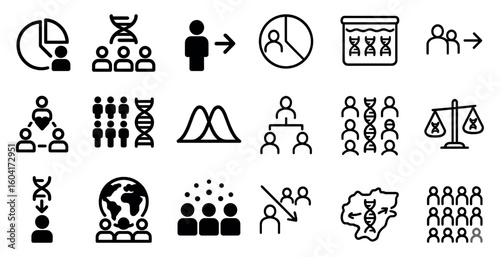 Genetic research outline icons set – dna, analysis, scientific symbols