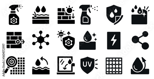 Waterproofing solid icons set – filled, protection, moisture control graphics