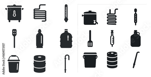 Brewing equipment silhouette icons set – outline, flat, home and craft beer tools