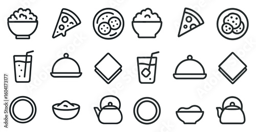 Food and drink outline icons set – line, linear, dining and meal symbols