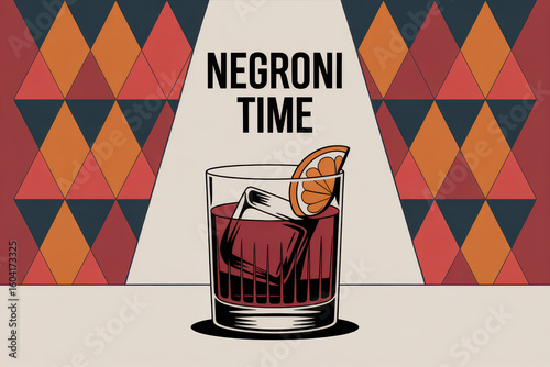Stylish Negroni Cocktail Illustration with Bold Geometric Background and Warm Tones