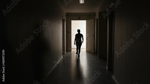 Wallpaper Mural Silhouette of a person walking down a dark corridor Torontodigital.ca