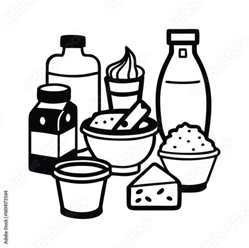 Vector collection of dairy products in flat style including milk, butter, cheese, yogurt, cottage cheese, sour cream, ice cream, cream, isolated on white