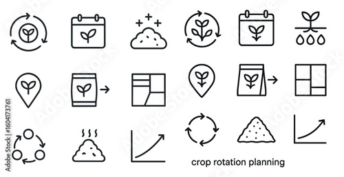 Crop planning outline icons set – farming, agriculture, soil management symbols