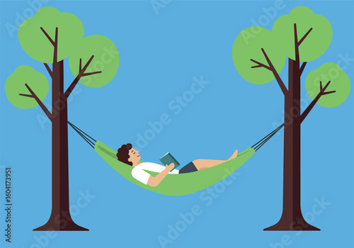 A person relaxing in a green hammock strung between two trees, reading a book outdoors.