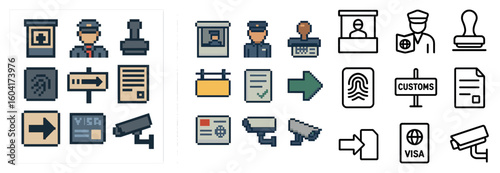 Immigration and travel icons set – pixel art, flat, border control symbols