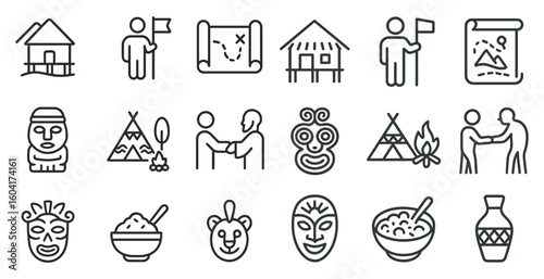 Primitive culture outline icons set – tribal, ritual, heritage symbols