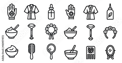 Beauty and self-care outline icons set – linear, skincare, wellness symbols