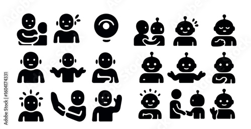 Emotions and expressions solid icons set – silhouette, mood, gesture symbols