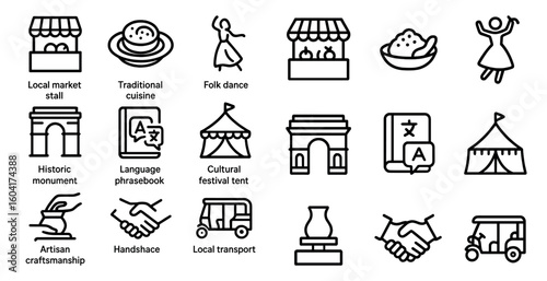 Cultural festival outline icons set – linear, historic, traditional symbols