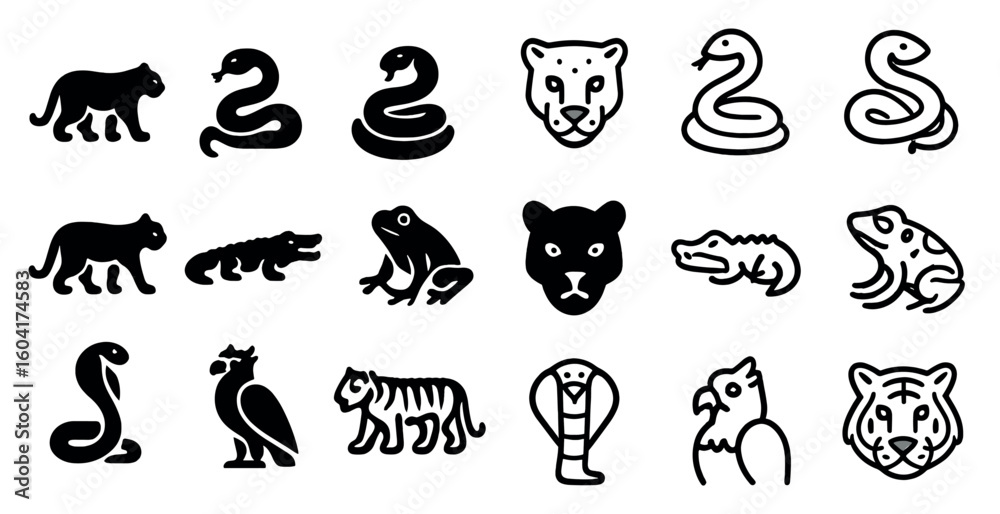 Fototapeta premium Wildlife and jungle silhouette icons set – outline, animal, exotic nature symbols