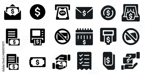 Financial and payment solid icons set – banking, currency, money symbols
