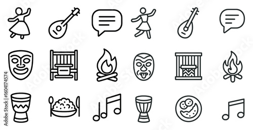 Cultural and performance line icons set – outline, artistic, music and dance symbols
