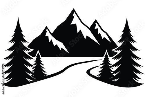 Black and White Art of Mountains and Trees with Winding Path Landscape